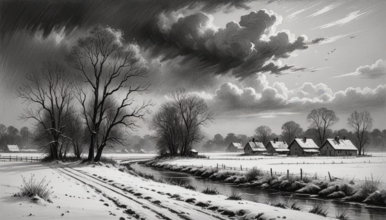 Peaceful Snowy Landscape in Constable Charcoal Style