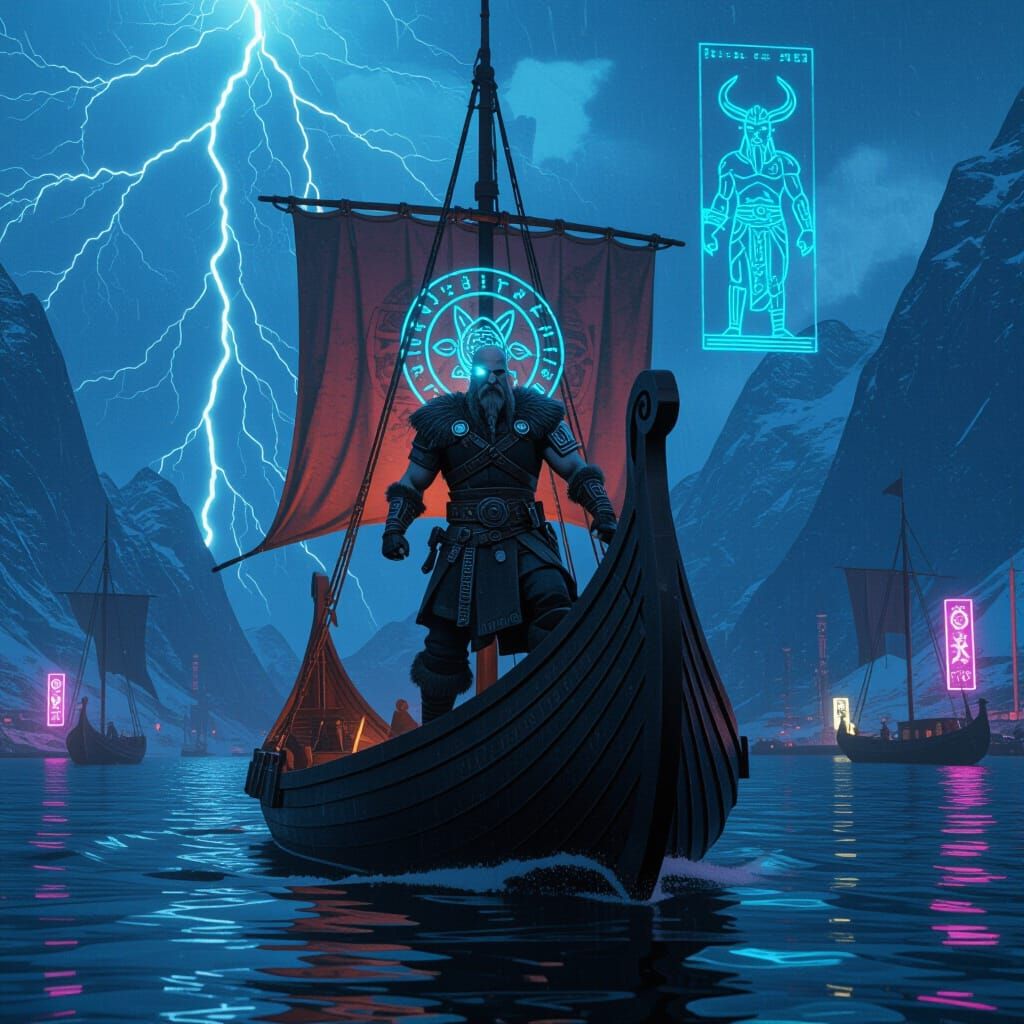 Cybernetic Viking Captain Navigates Neon Fjord