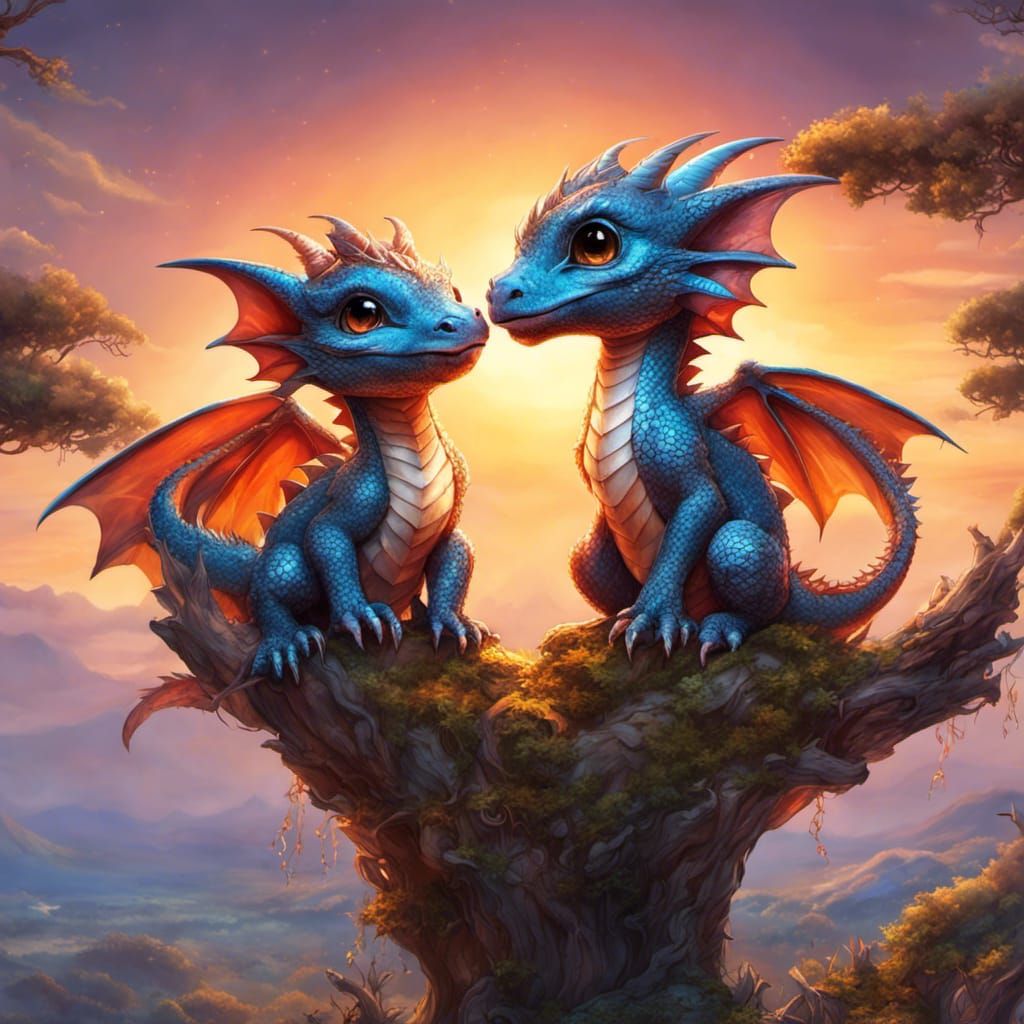 Adorable Baby Dragons, Best Friends, Digital Art