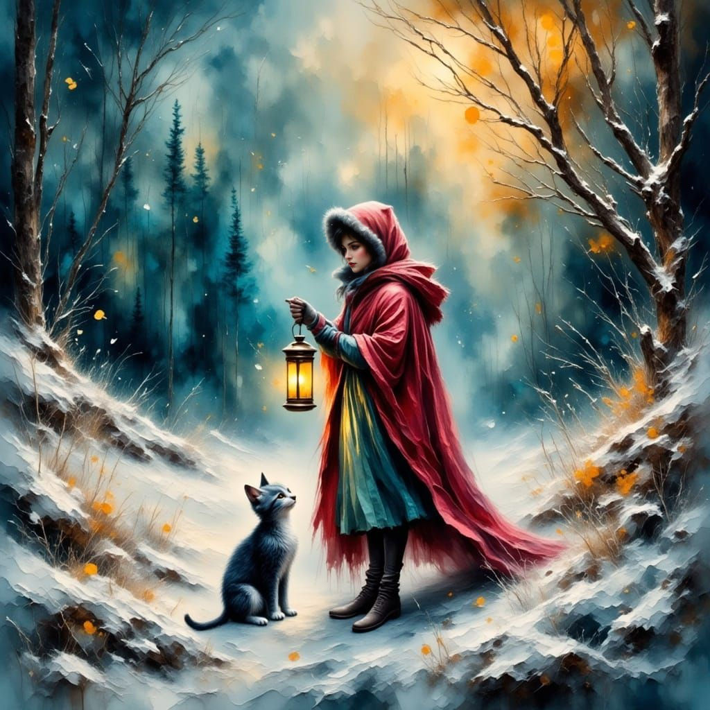 Vibrant Snowscape with a Cute Cat in a Blizzard