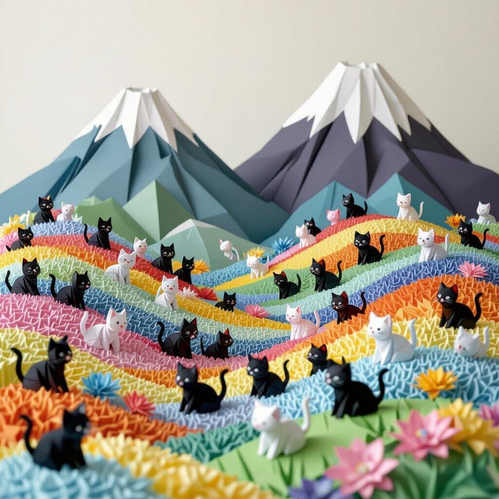 Origami Kittens Landscape Across Hills and Mountains