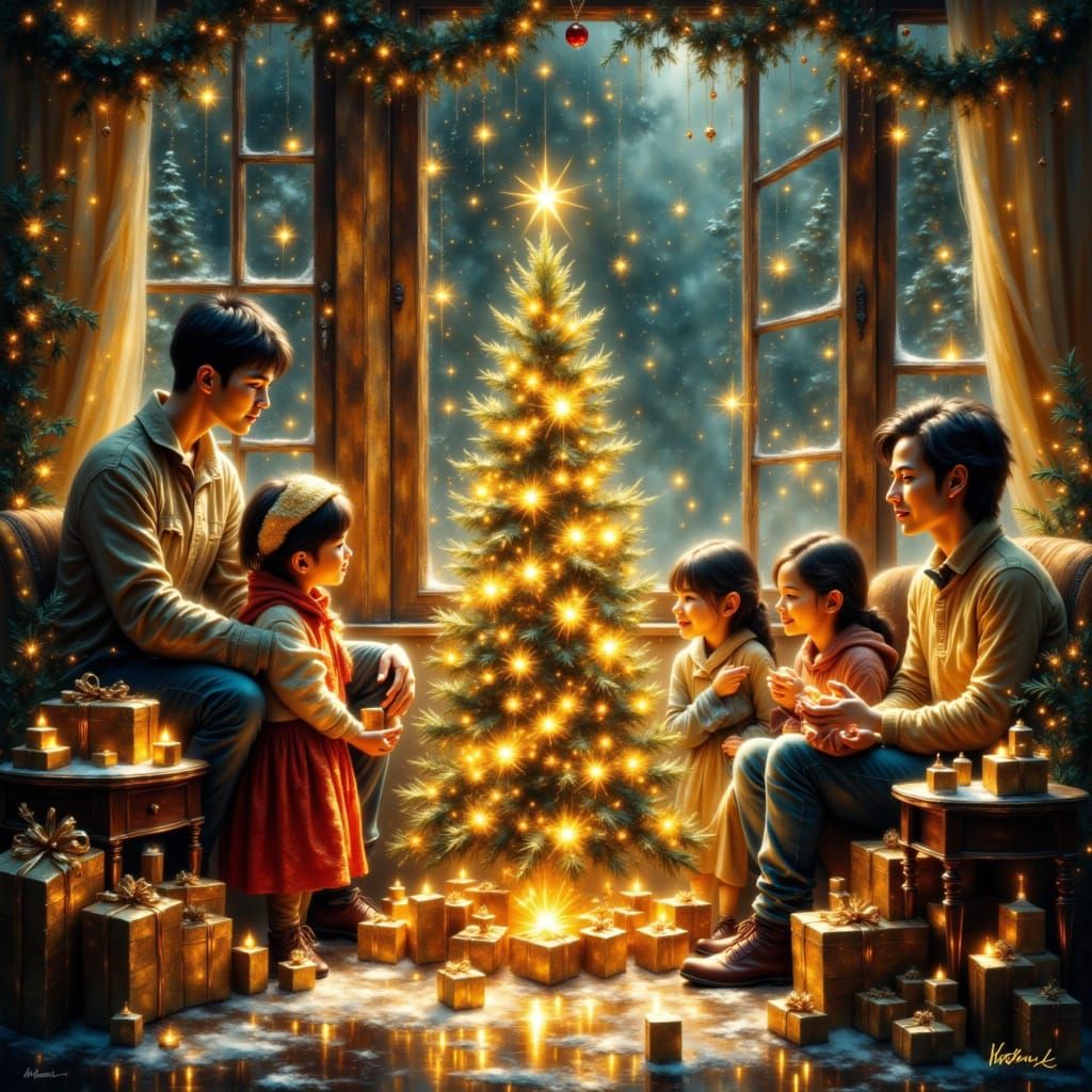 Cozy Christmas Family Gathering in Nostalgic Illustration St...