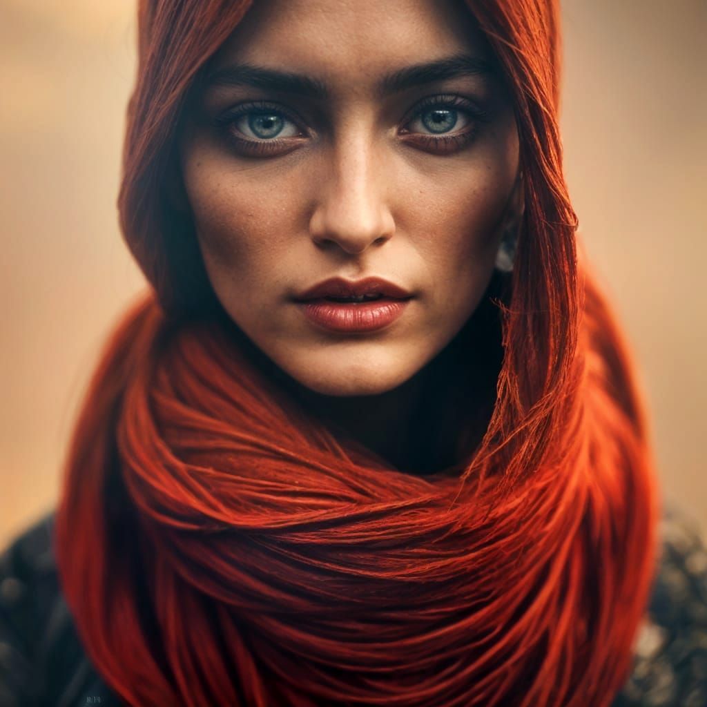 Gorgeous Woman Portrait Wrapped in Red Yarn