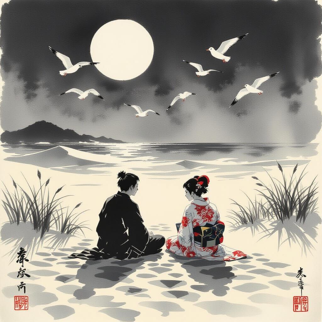 Ukiyo-e Inksplash of Lovers in Summer Dunes