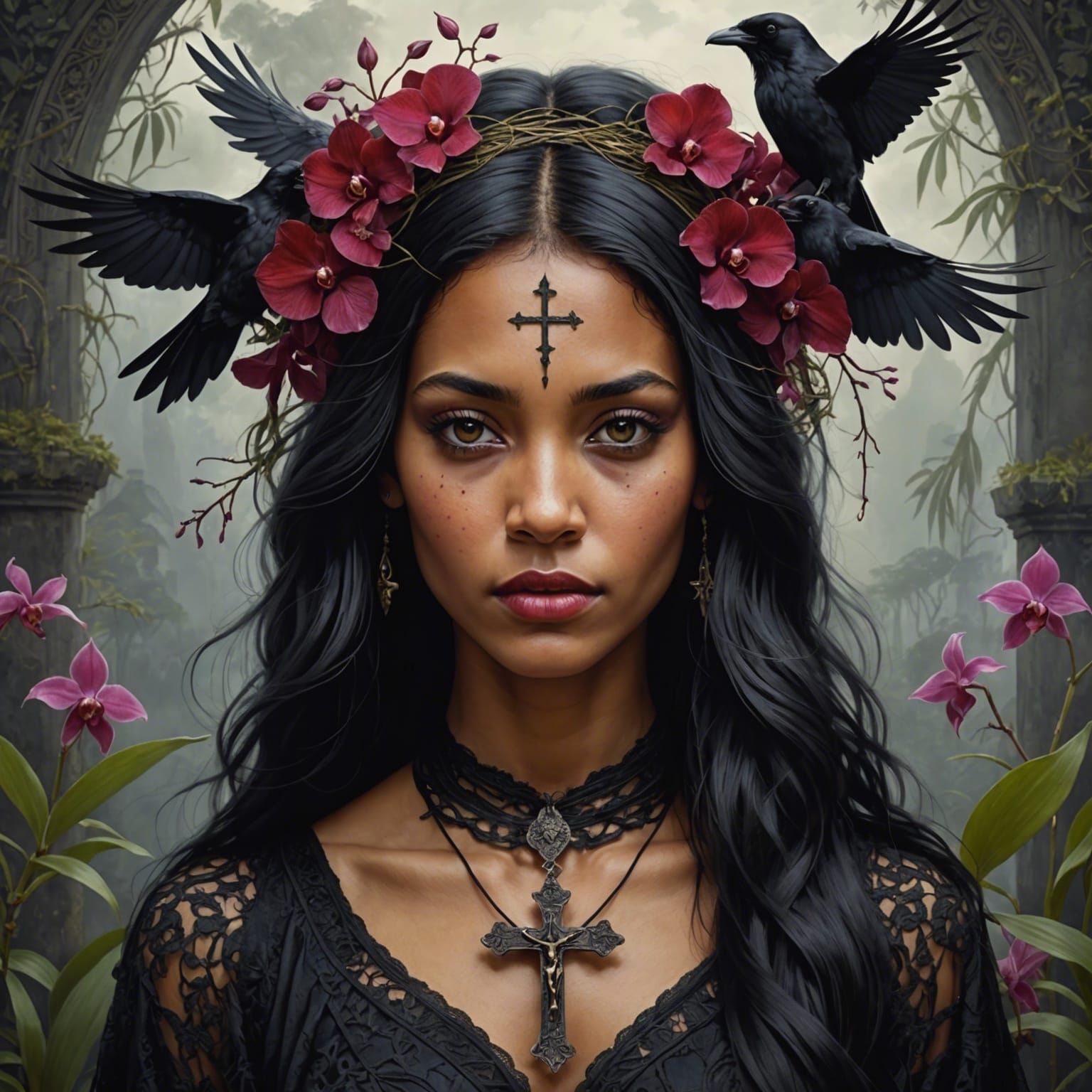 Beautiful Woman with Orchid Dress, Detailed Matte Painting