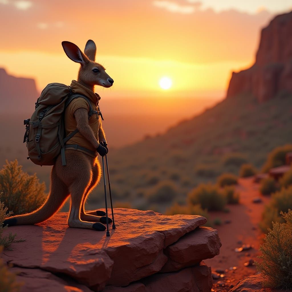 Kangaroo Hiker in Australian Outback at Sunrise