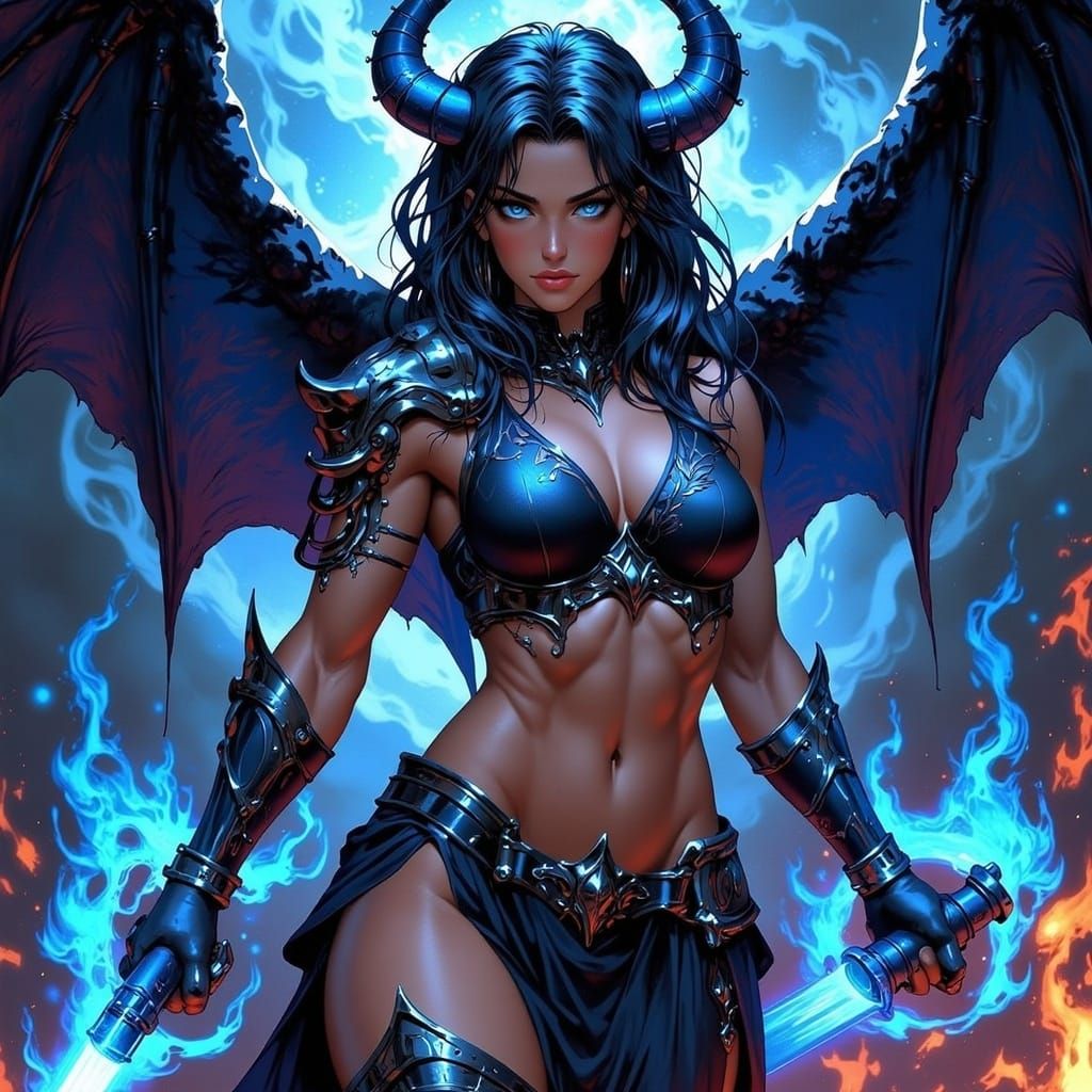 Fierce Demon Lord in Blue Fire Vortex