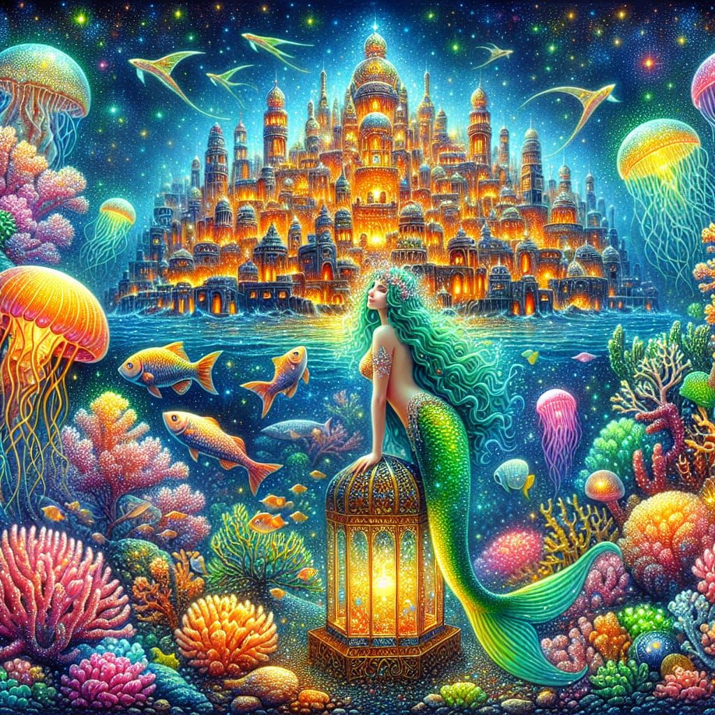 Atlantis Underwater: Mythical City with Mermaid and Treasure