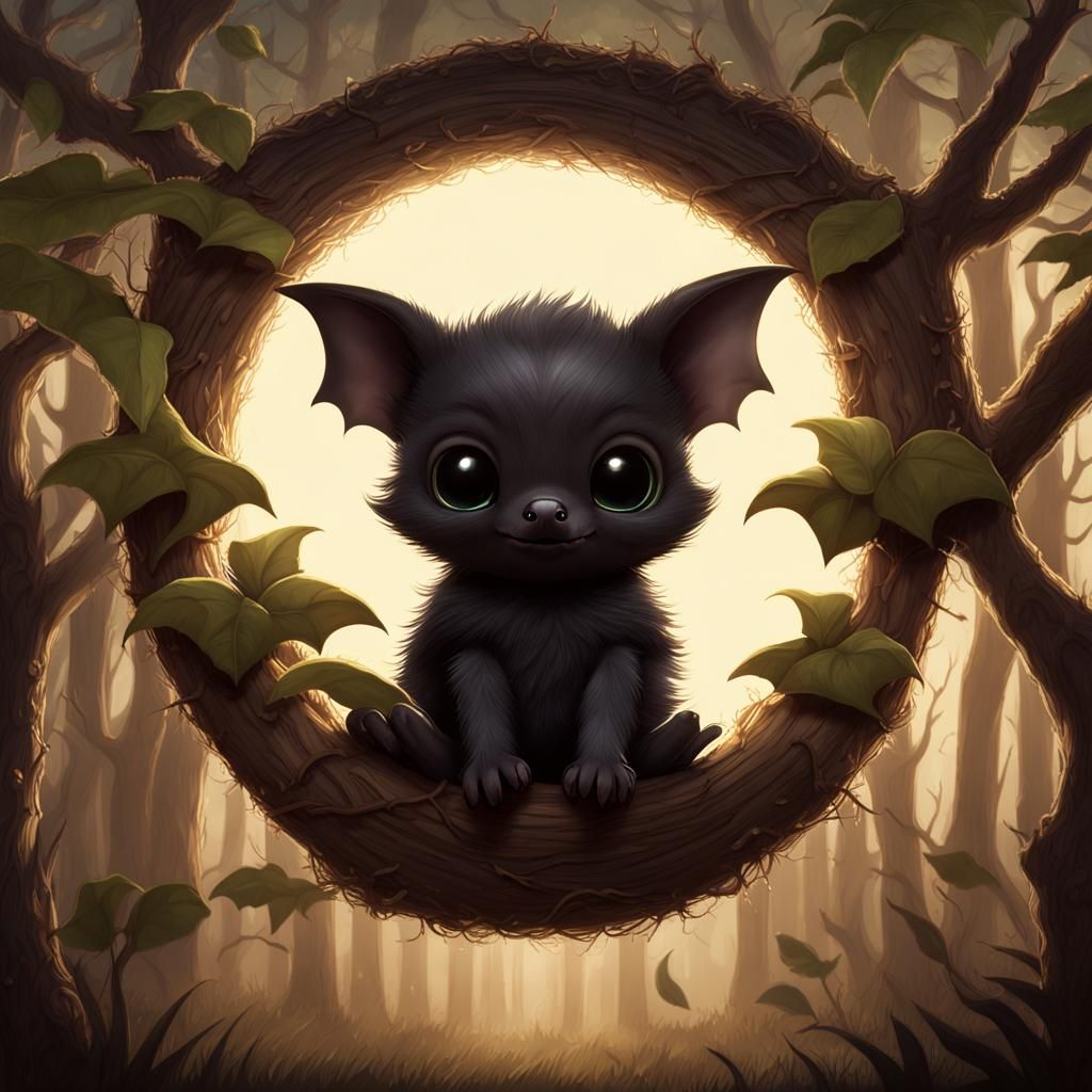 Adorable Baby Bat in Detailed Night Forest