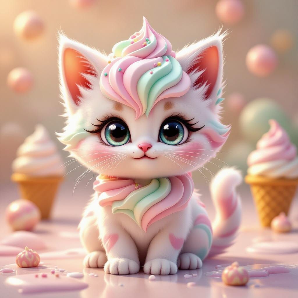 Ice Cream Kitten Portrait in Detailed 3D Style