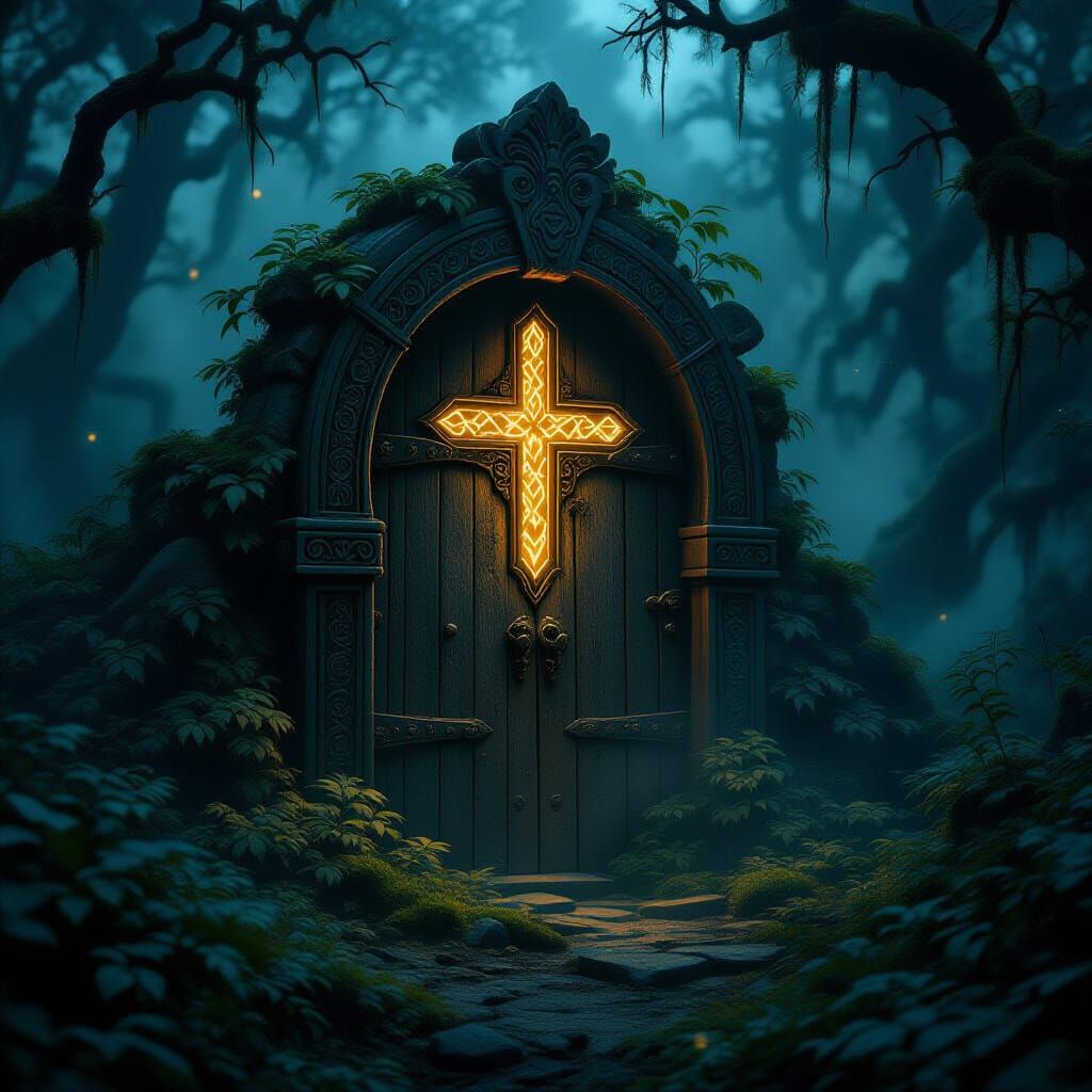 Mysterious Forest Door with Glowing Runes at Twilight