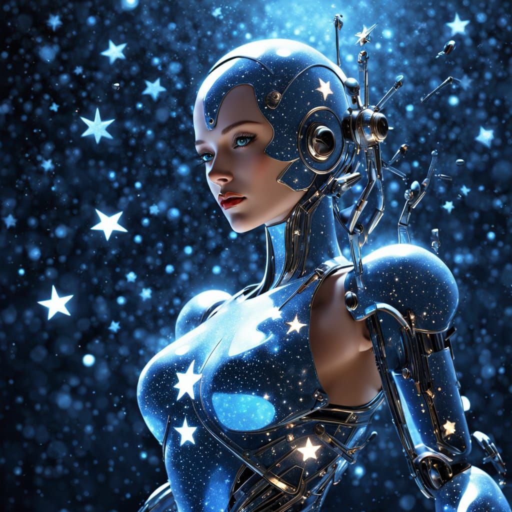 Futuristic Robot Woman with Stars in Art Deco Style