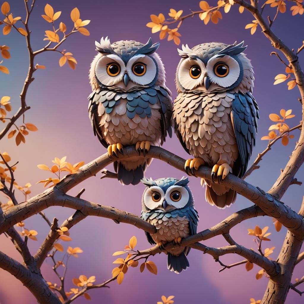 Cute Fluffy Owls on Branch: Pixar-Style 3D Art