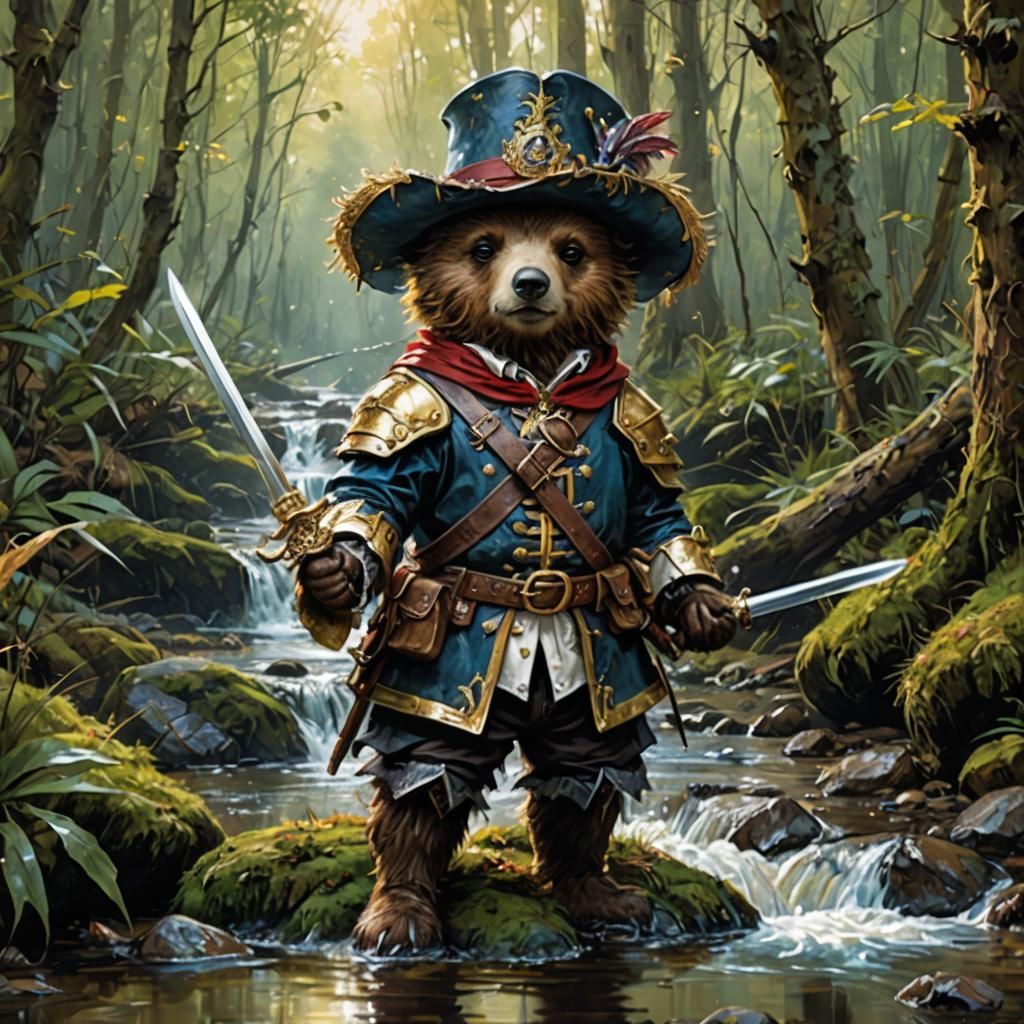 Musketeer Bear in Forest Stream: Dark Fantasy Art