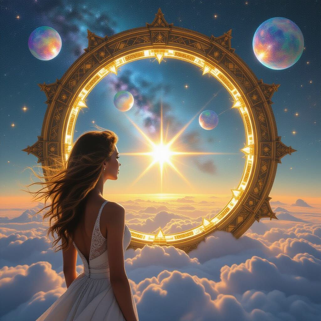 Woman by Stargate to Universe with Bubble Planets
