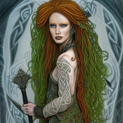 Celtic Queen Portrait in Gothic Colored Pencil Style