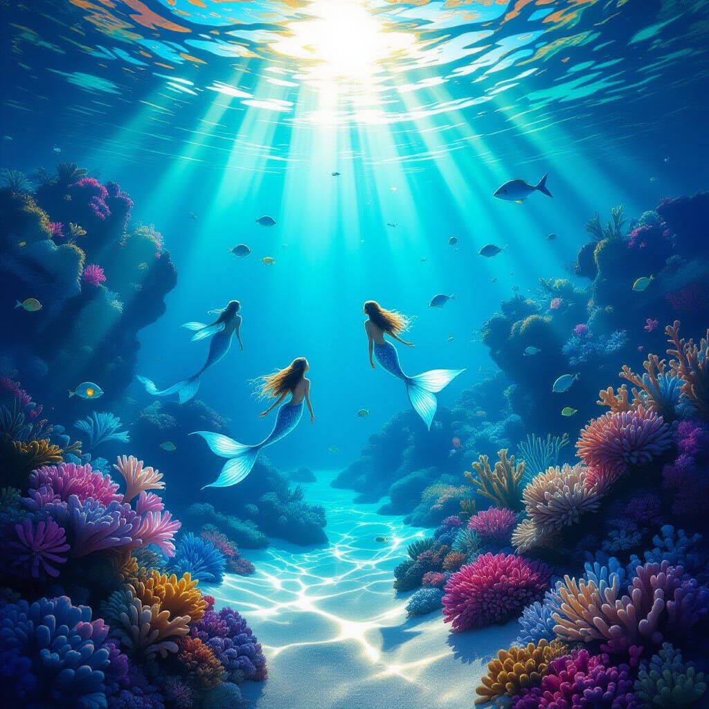Ethereal Underwater Kingdom with Mermaids and Bioluminescenc...