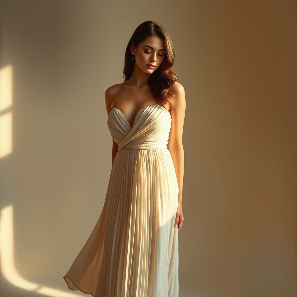 Elegant Woman in Flowing Pleated Gown, Oil Painting Style