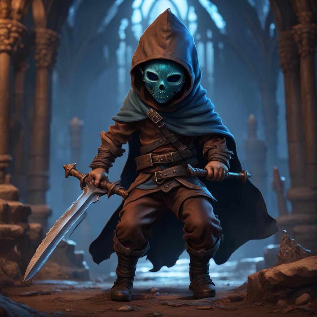 Halfling Rogue Attacks Skeleton in Detailed Matte Painting