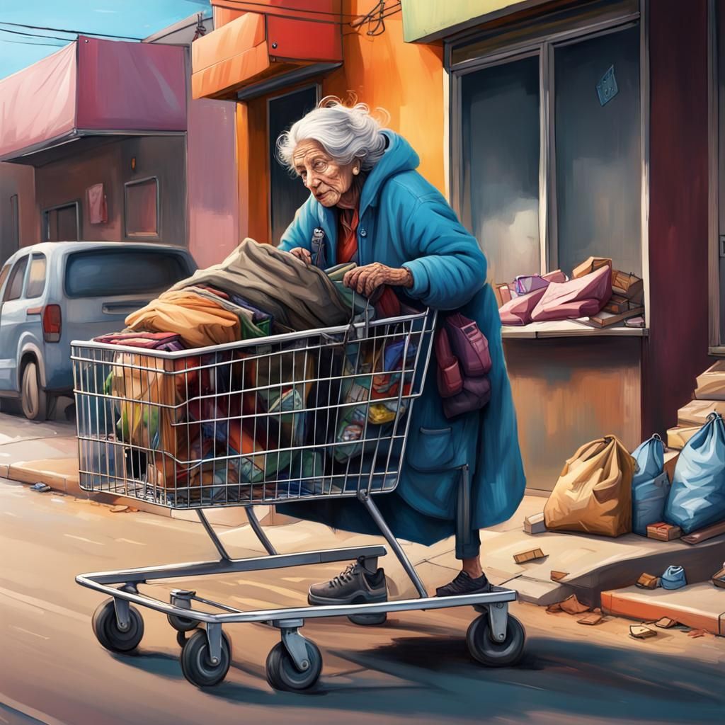 homeless old woman pushing a shopping cart with wheels down the street with shopping bags and clothing hanging off the o...