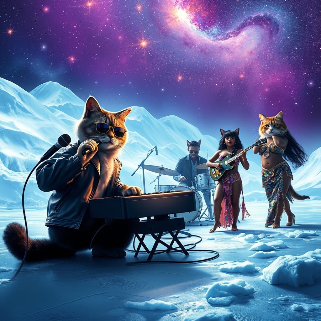 Hip-Hop Cats Rock Epic Ice Stage in Cosmic Harmony