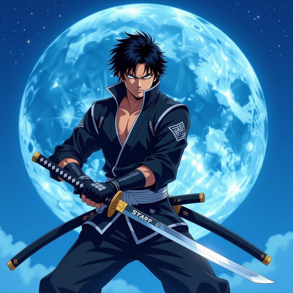 Anime Swordsman with Dual Blades in Moonlit Scene
