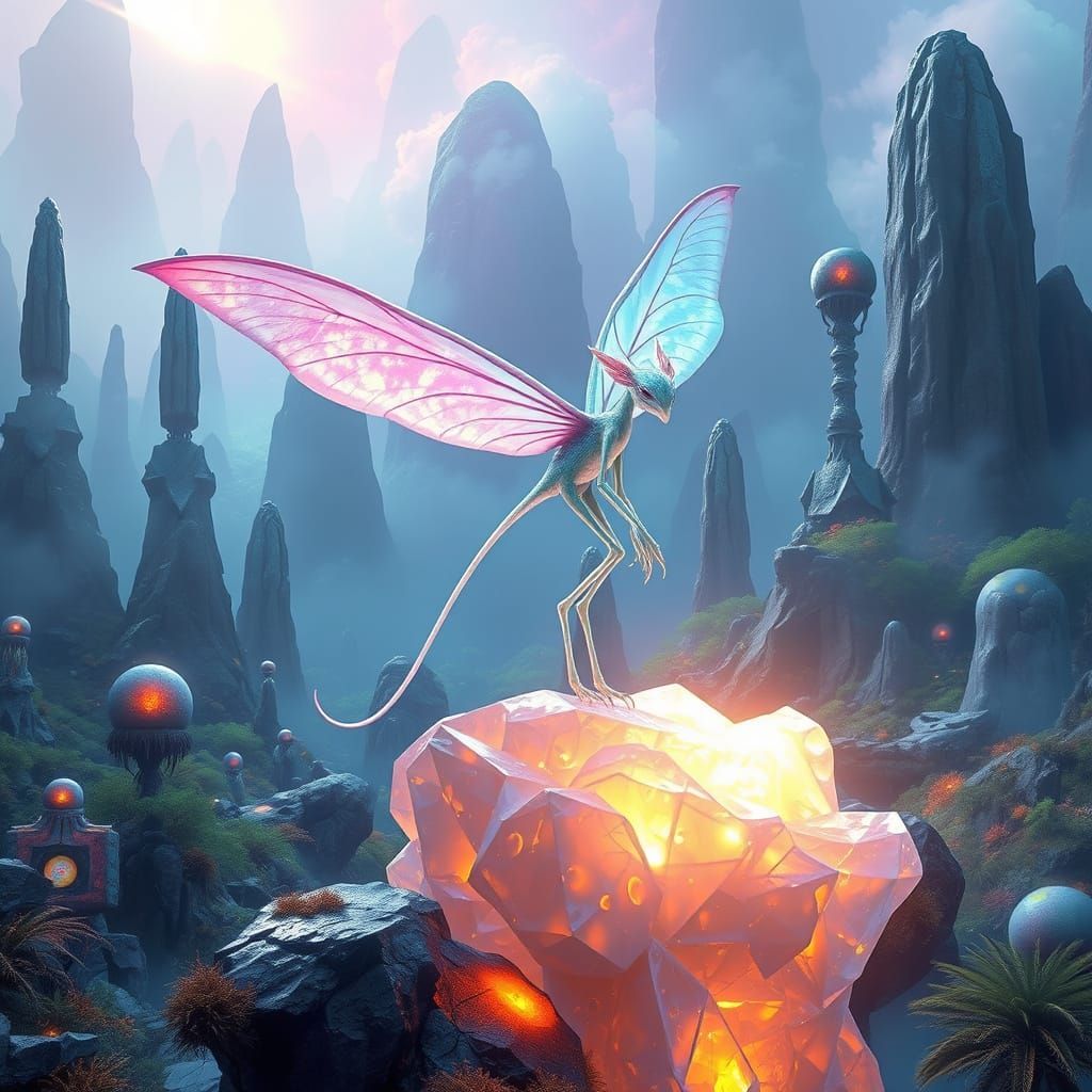 Ethereal Alien Being Amidst Bioluminescent Landscape