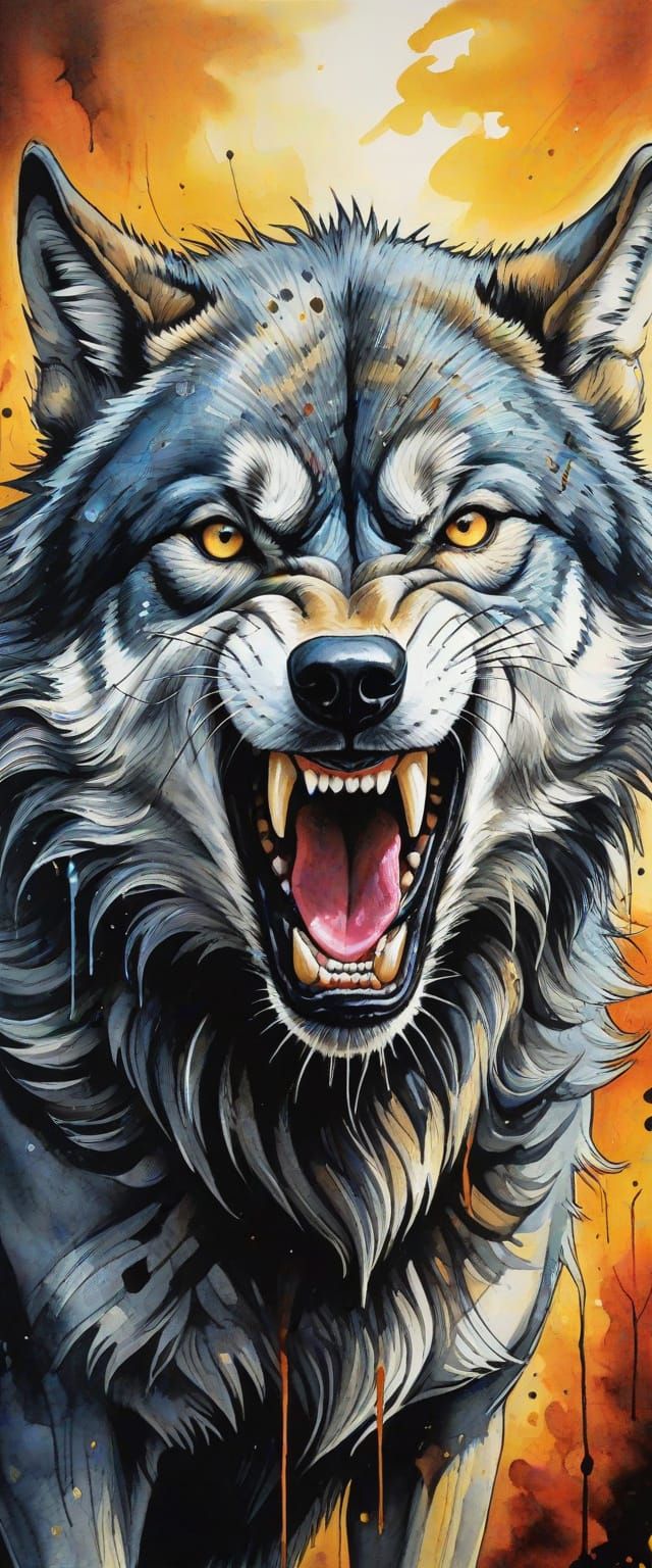 Detailed Ink Painting of a Snarling Wolf