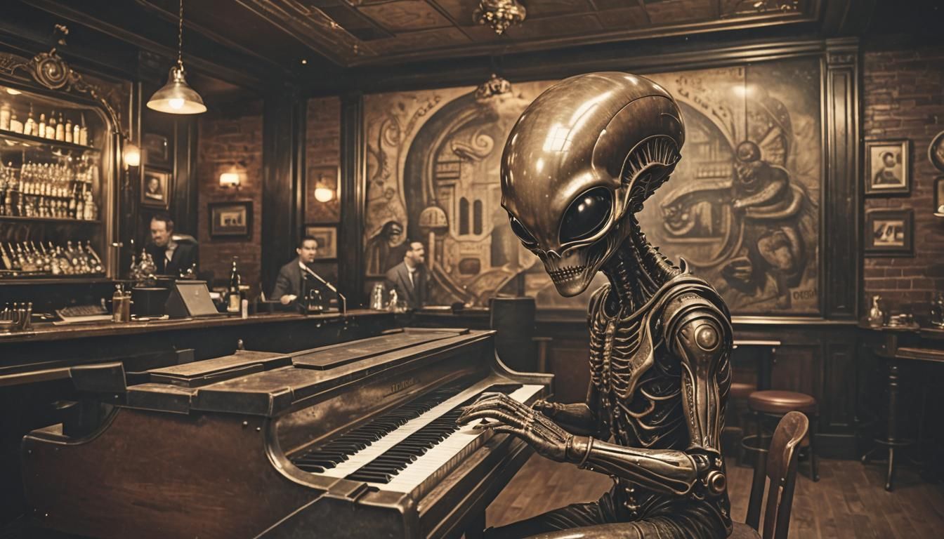 alien playing keys of steinway square grand in 1920s cigar b...