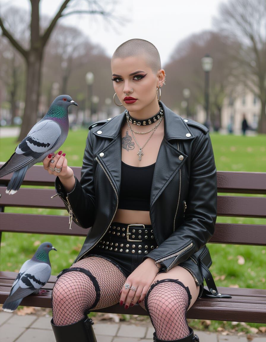 Punk Woman Feeding Pigeons on Park Bench