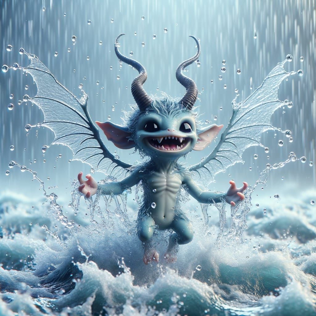 Mischievous Water Imp Emerges in Photorealistic Detail