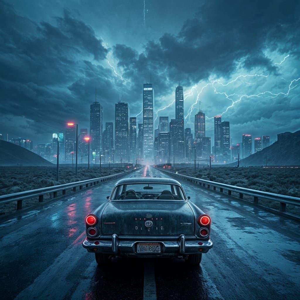 Vintage Car on Futuristic Highway to Neon City