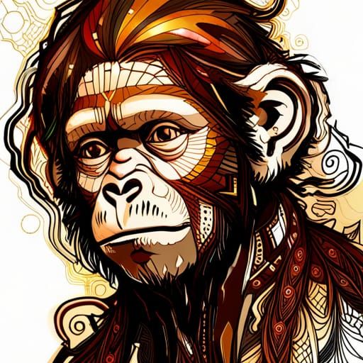 Black Monkey Portrait with Gold Outlines, Digital Art