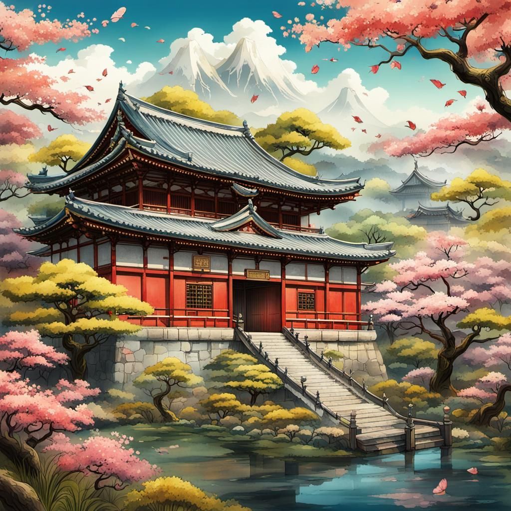 Japanese Emperor's Palace: Mixed Media Illustration