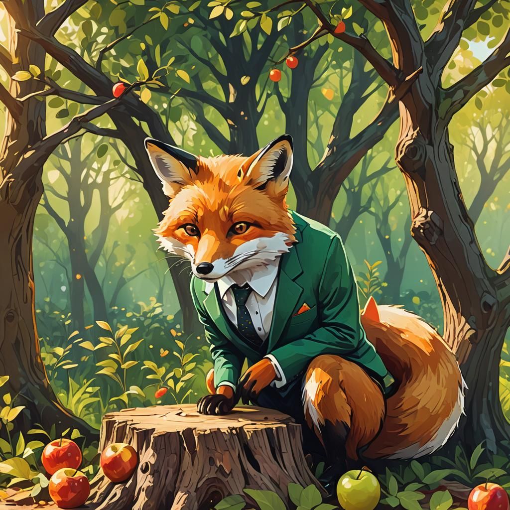 Fox in Suit Eating Apple: Storybook Illustration