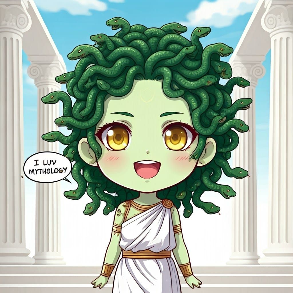 Chibi Medusa Girl in Ancient Greek Attire with Mythological ...
