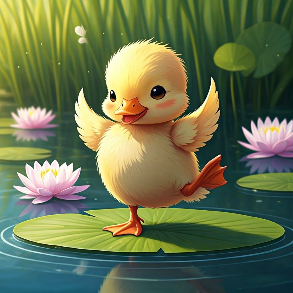 Cute Anime Duckling Dancing on Lilypad