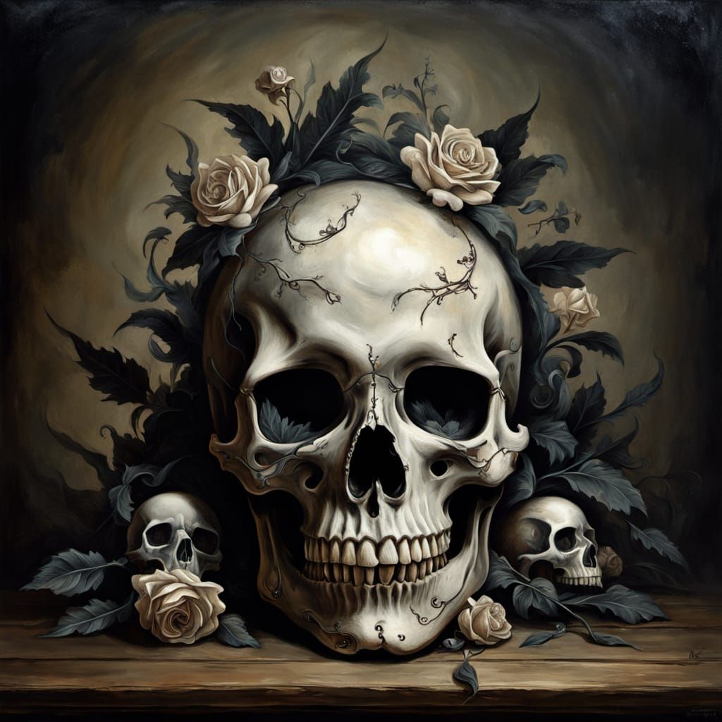 Surreal Skull Oil Painting with Chiaroscuro Lighting