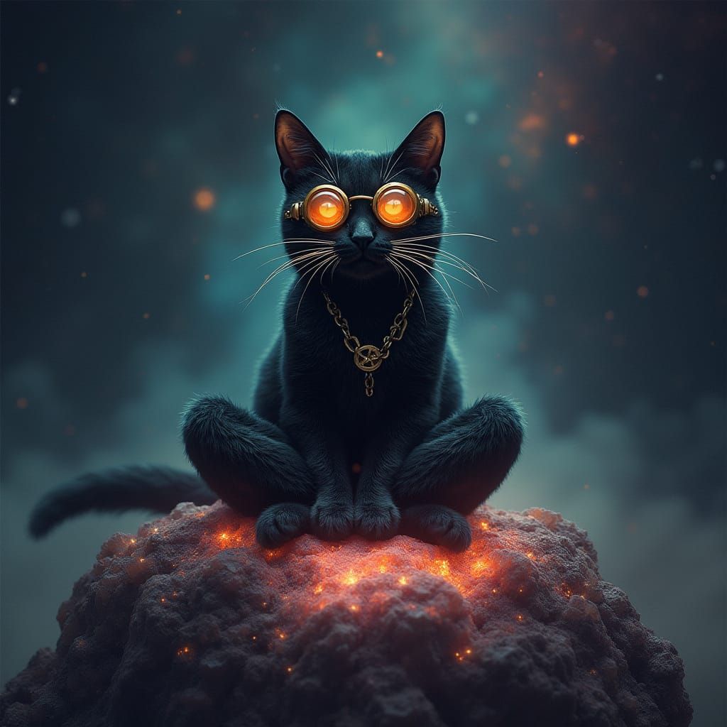 Cosmic Steampunk Cat Meditating in Space