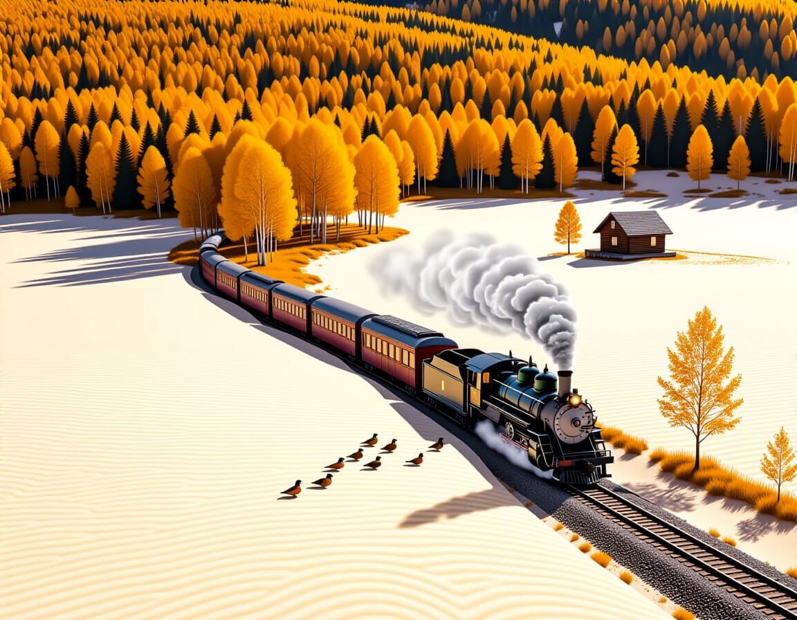 Autumn Train Journey Through Golden Trees and Cabin