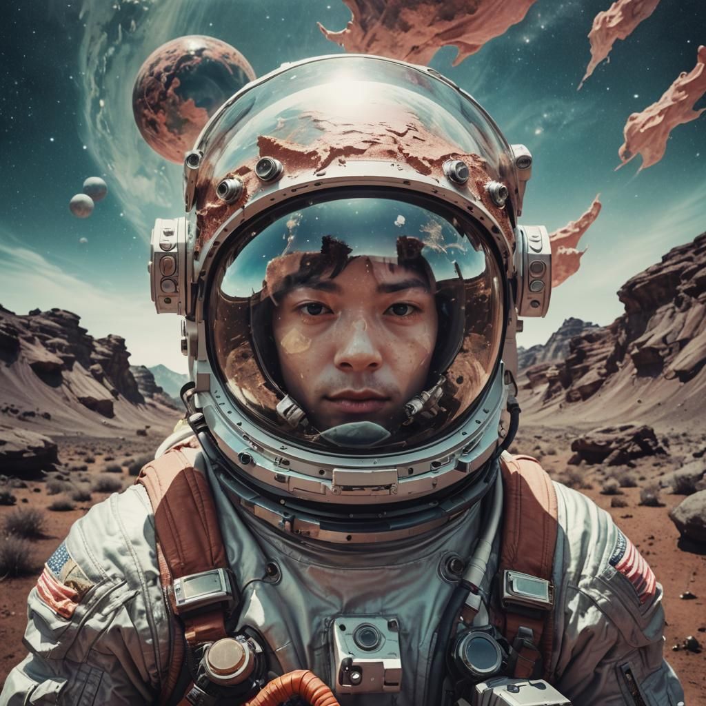 Astronaut Double Exposure Portrait in Manhwa Style