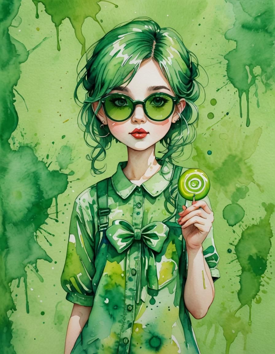 Whimsical Watercolour: Girl with Green Lollipop