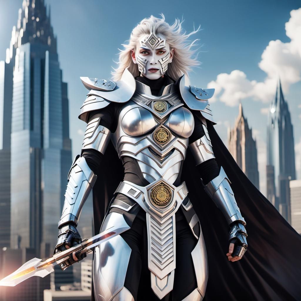 Futuristic Android Warrior in Flight Over Cityscape