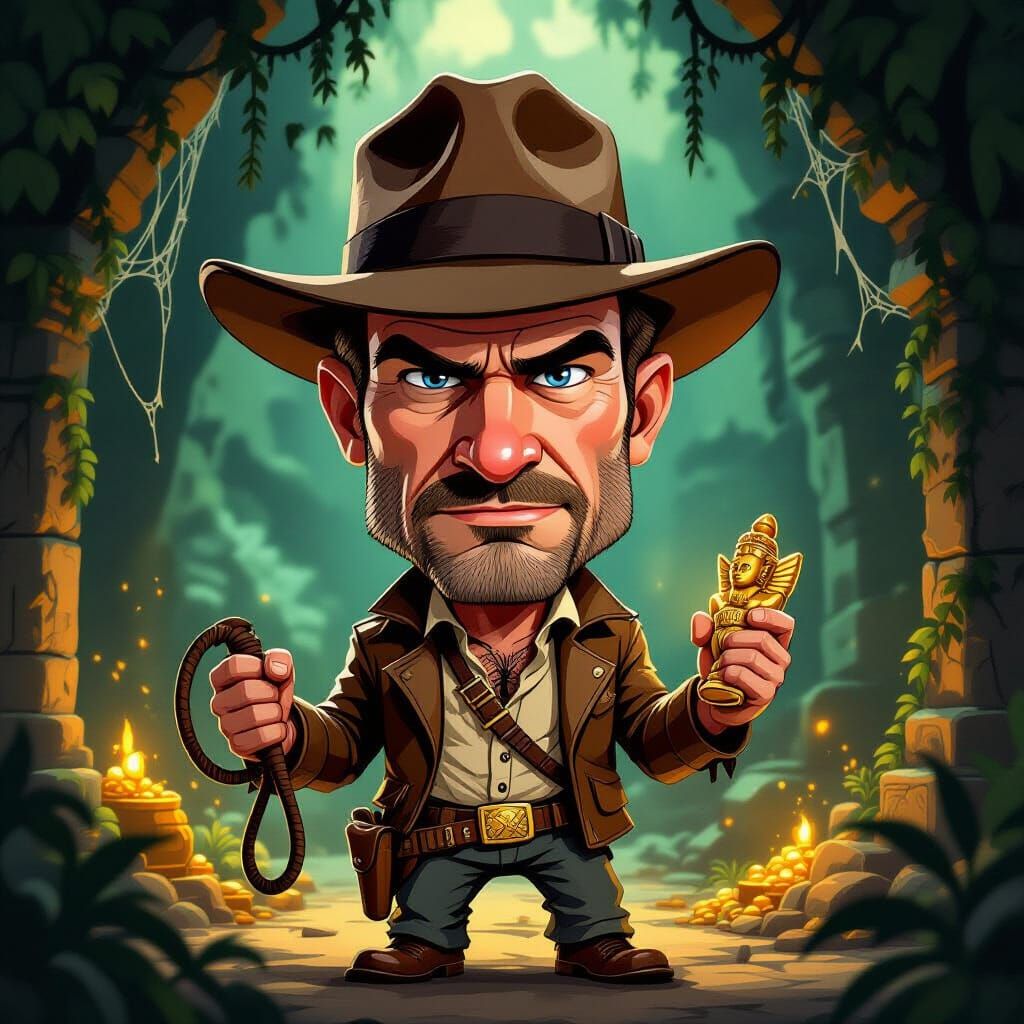 Indiana Jones Cartoon Caricature with Idol and Whip