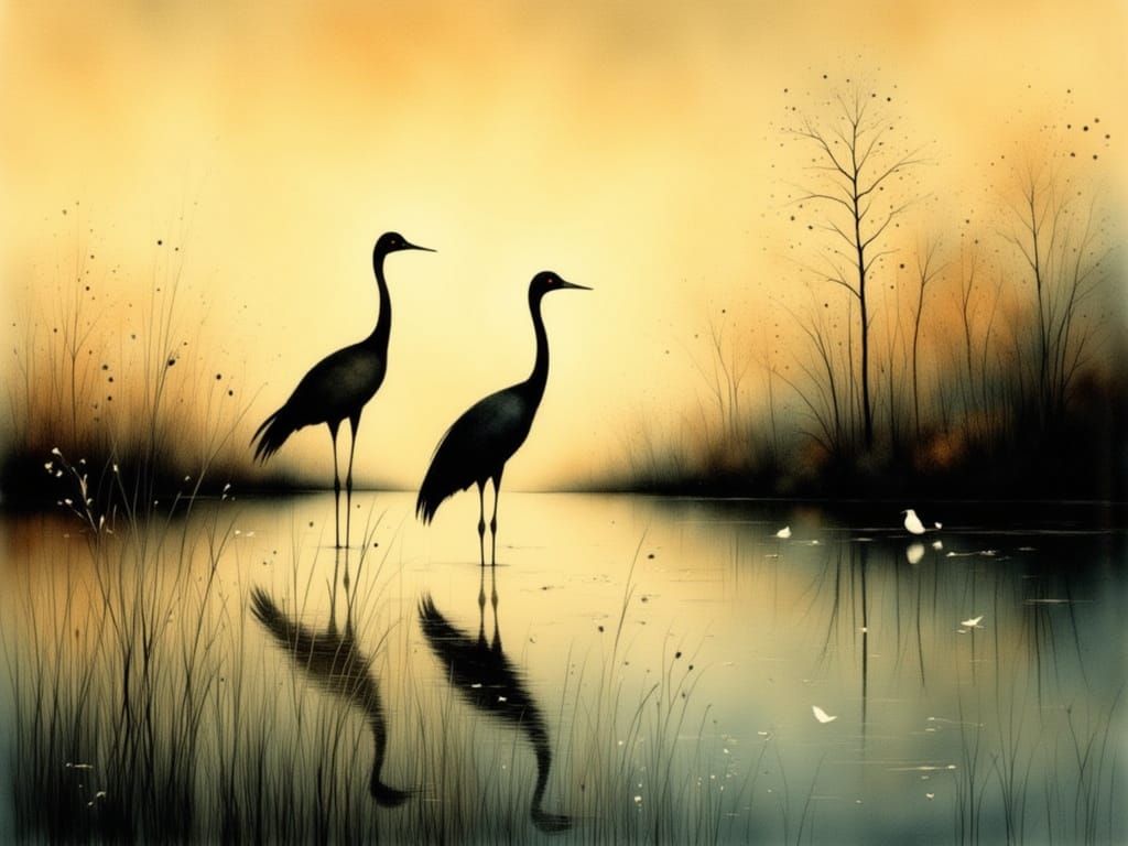 Cranes Silhouetted Against a Serene Charcoal-Hued Lake