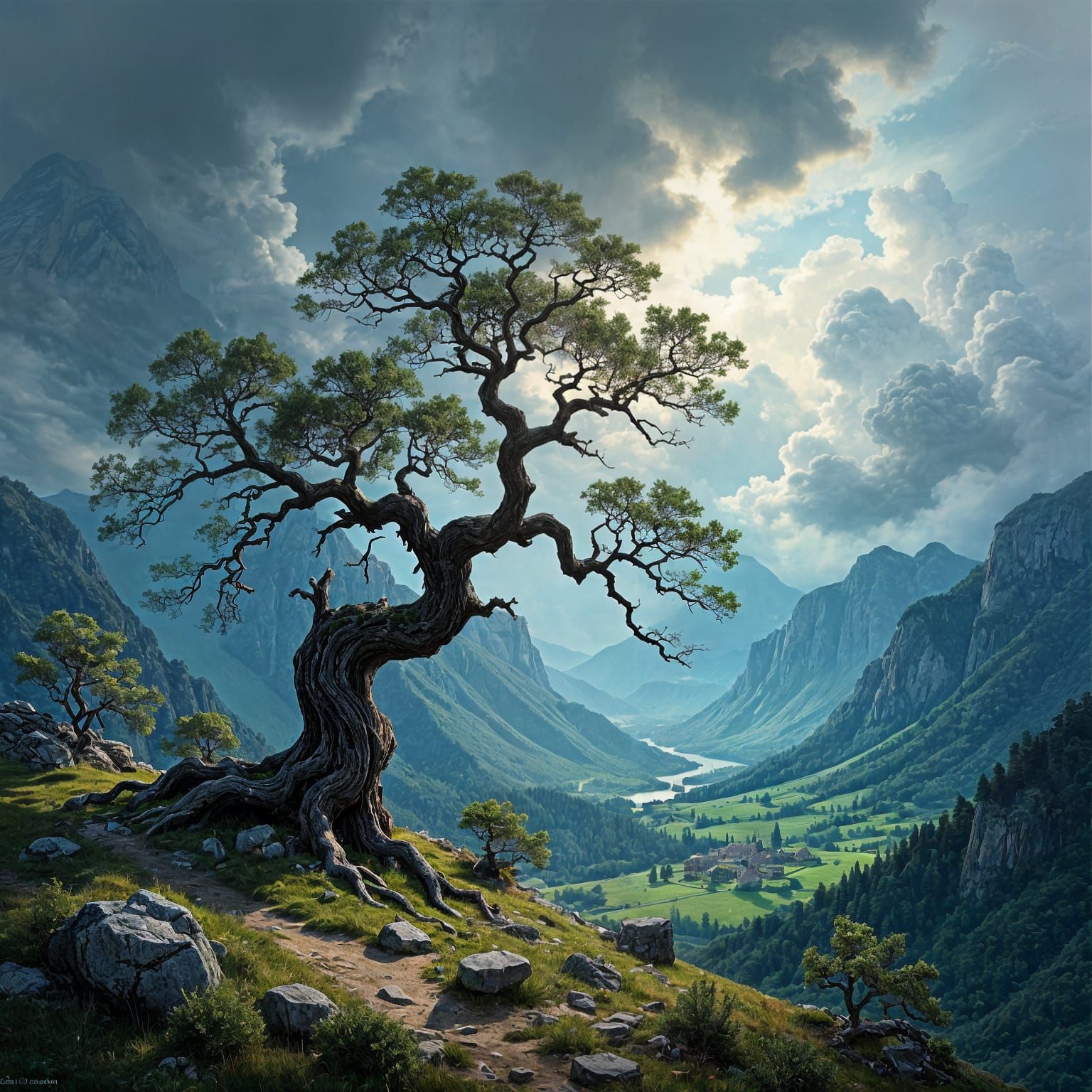 Ancient Tree on Mountain Peak Under Stormy Sky