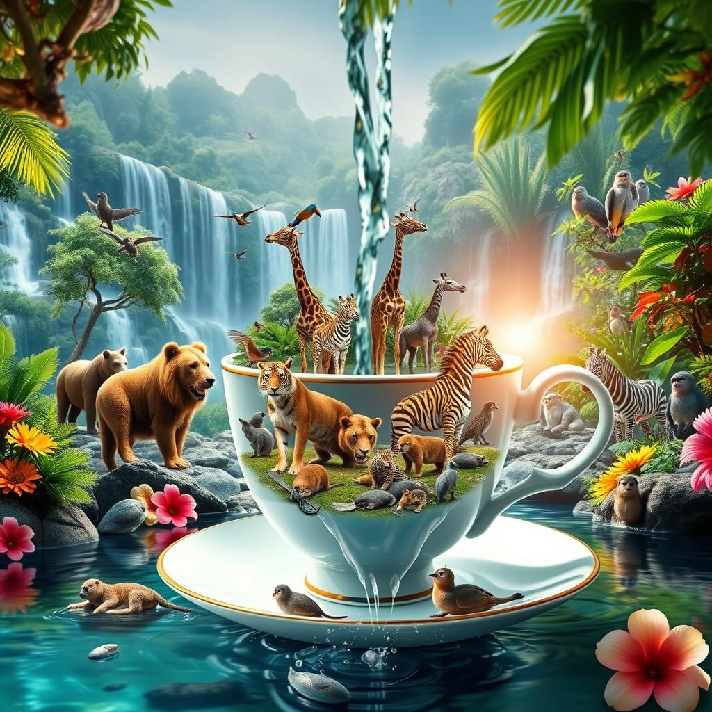 Zoo Animals Overflowing Teacup in Photorealistic Panorama