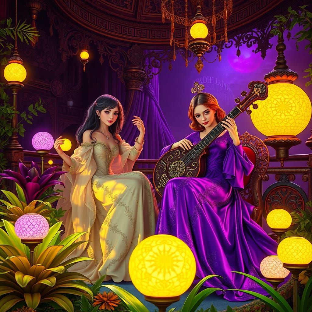 Two women sit on a balcony surrounded by lush plants and col...