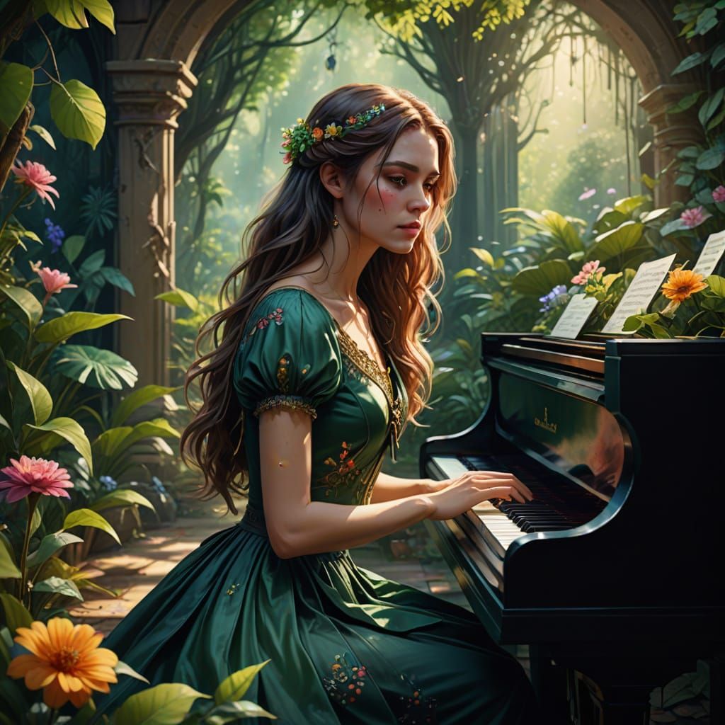 Whimsical Watercolour Fantasy Scene with Grand Piano