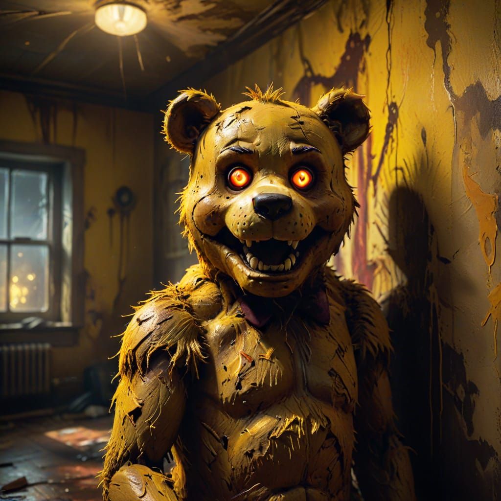 Fauvist Horror: Golden Freddy in Eerie, Dimly Lit Room